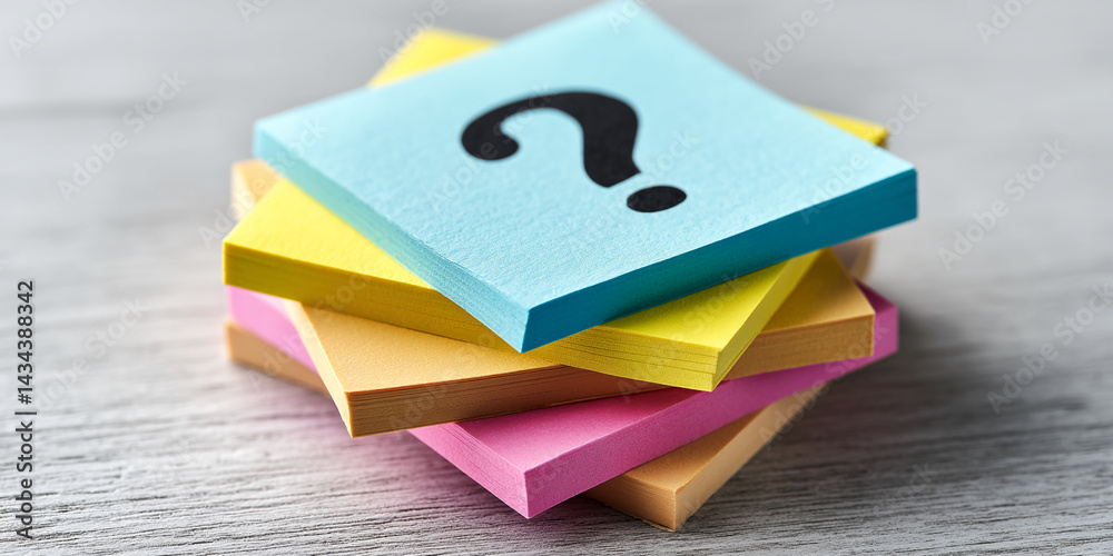 Aufkleber Stack of colorful sticky notes, top note features question mark, symbolizing inquiry, problem-solving, or brainstorming