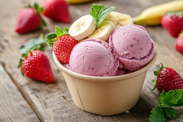 Frozen Acai berry bowl with strawberries and bananas on a wooden surface Summer menu display