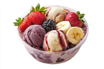 Frozen Acai bowl topped with strawberries and bananas Isolated on white Summer menu display