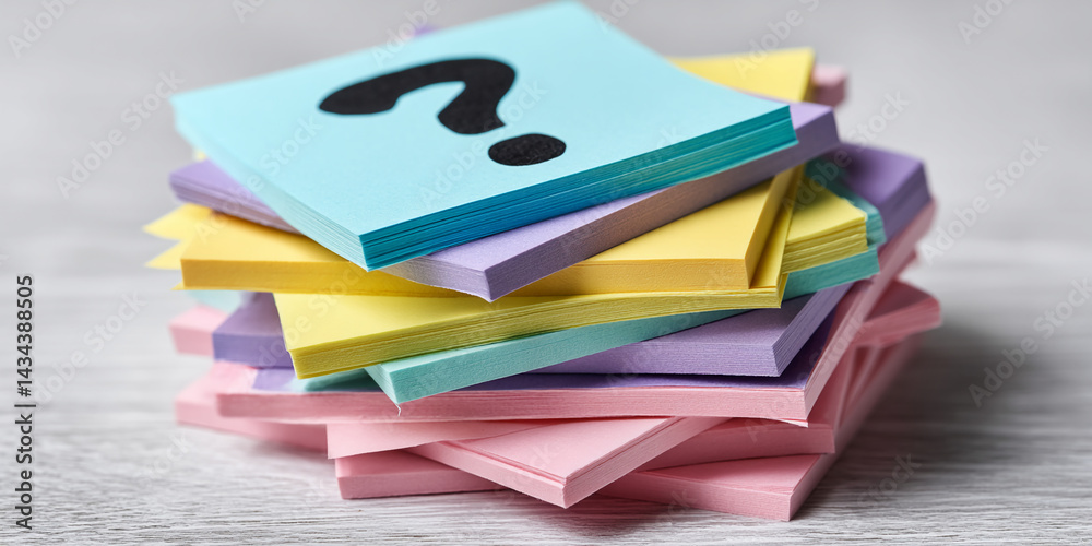 Aufkleber Stack of pastel-colored sticky notes, top note features question mark, representing uncertainty, questions, problem-solving, or brainstorming