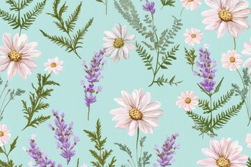Minimalistic seamless pattern featuring lavender sprigs, pale pink daisies, and subtle green ferns, arranged on a radiant pastel aqua background.