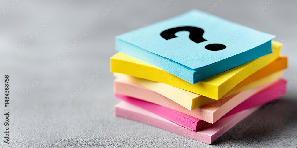 Poster Stack of colorful sticky notes, top note displays question mark, symbolizes inquiry, problem-solving, brainstorming, decision-making