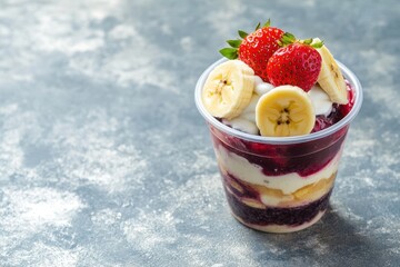 Frozen acai from Brazil in a plastic cup topped with condensed milk banana and strawberry Amazon fruit Room for text