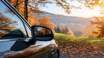 Autumn drive, car mirror, scenic landscape, fall foliage