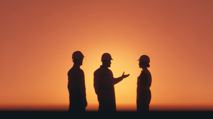 Silhouetted engineers discussing at sunset, showcasing teamwork and collaboration in construction environment