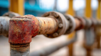 Rusty pipe fitting, industrial piping, close up view, weathered metal, construction site, exposed infrastructure