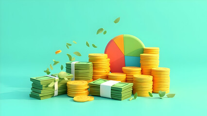 illustration of financial prosperity with stacks of gold coins, bundles of green cash, a colorful pie chart, and scattered leaves on a solid teal background
