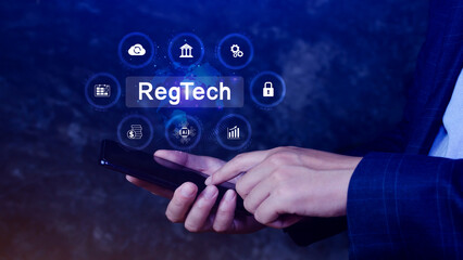Regtech, Regulatory technology concept, management of regulatory processes with financial industry through technology, Regulatory monitoring, reporting and compliance, Machine learning tech.