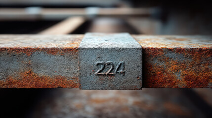 Macro closeup of rusty structural steel tag with number 224, showcasing texture and details of metal