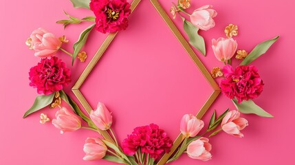 Minimalistic triangular frame featuring magenta carnations, soft pink tulips, and golden accents, arranged elegantly on a vibrant hot pink background for a bold look.