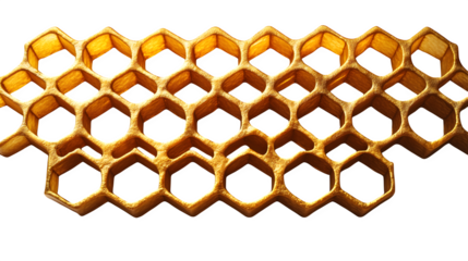 Honeycomb structure top view with golden hexagons isolated on white background