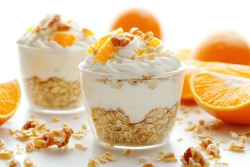 Greek yogurt dessert featuring fresh chopped oranges shot from the front on a white background