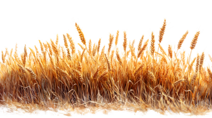 Horizontal wheat ears with sharp detail and natural golden color isolated on white background