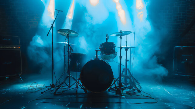 Jazz microphone on concert stage with drum set on blue smoke and spotlight background. Drum on stage, empty stage with instruments. Country music rock concert lighting truss. - Powered by Adobe