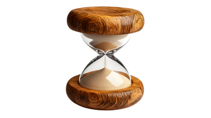 Hourglass with wooden frame and clear sand, elegant design, isolated on white background