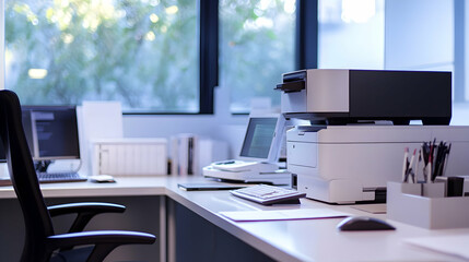 Modern office workspace with printers and computers near large windows