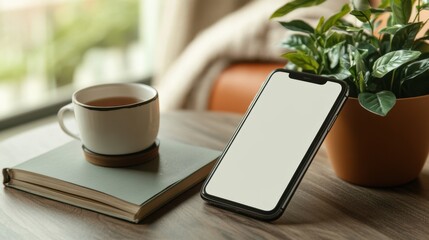 Modern workspace with smartphone, tea cup, and plant on wooden table near window