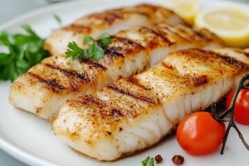 Grilled sturgeon fillets on a plate with herbs cherry tomatoes and lemon against a gray backdrop Side closeup