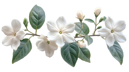 Jasmine flower in full detail with single stem, symbolic and clean, isolated on white background
