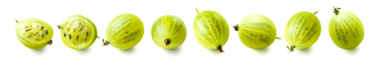 Set of whole and halves ripe green gooseberries isolated on white background. Whole and cut gooseberry.