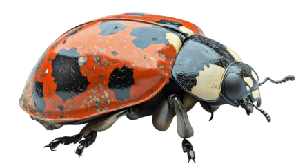 Ladybug with red shell and black spots, macro detail, isolated on white background