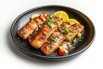 Herring fillet marinated with spices and lemon on a dark plate against a light backdrop Overhead shot with space for text Nutritious meal