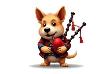 Fototapeta premium Whimsical Cartoon Scottish Terrier in Traditional Highland Attire Playing Tiny Bagpipes