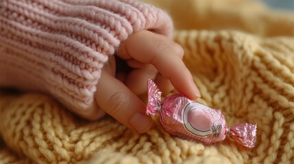 Small child's hand reaches for caramel candy on soft knitted fabric