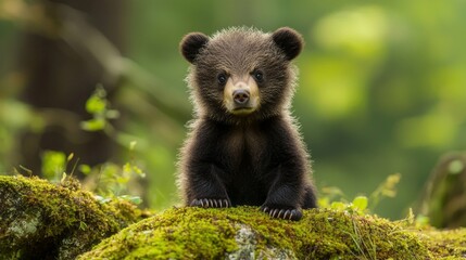 Fototapeta premium A baby bear is sitting on a mossy rock in a forest