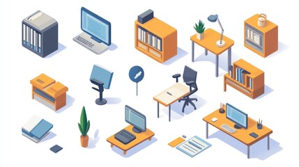 Colorful isometric office equipment collection.