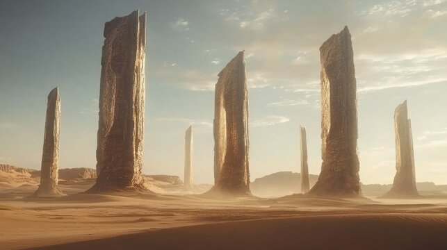 Desert landscape with tall rock formations under a cloudy sky