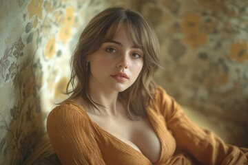 Fototapeta premium A young woman with brown hair sits in a floral armchair, wearing a low-cut mustard dress.
