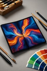 Foldable tablet showcases vibrant dual screen design on a tabletop with artistic tools