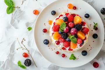 Holiday fruitcake dessert on a white plate Blank area
