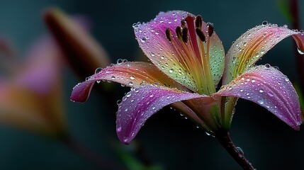 Delicate lily petal displays morning dew under soft light in serene garden