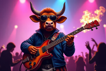 Obraz premium Highland Cow Rockstar: Electric Bagpipes & Funky Style at Fun Music Festival
