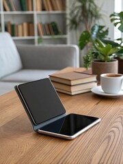 Flexible foldable smartphone showcased on a wooden table in a cozy indoor setting
