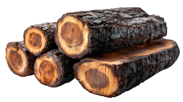 Large pile of timber logs stacked naturally, isolated on white background
