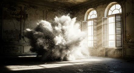 Dramatic Dust Explosion: High Contrast in Abandoned Ballroom, Powerful Disruption.This high-contrast 3D render captures a powerful explosion of white dust or powder within a decaying, ornate ballroom.