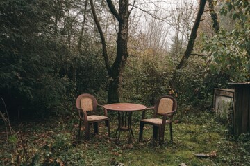 Fototapeta premium Rustic Outdoor Setting with Empty Chairs and Table