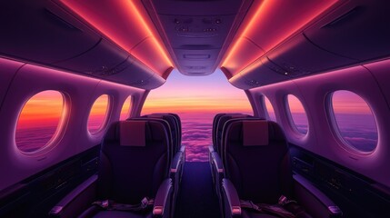 Airplane interior at sunset window view travel and vacation concept