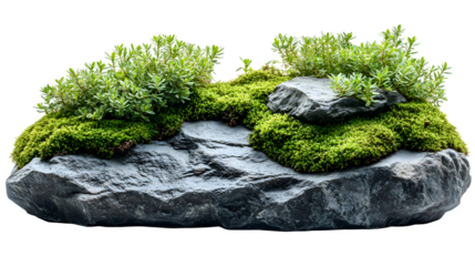 Large rocks covered with green moss and plants, natural scenery, isolated on white background