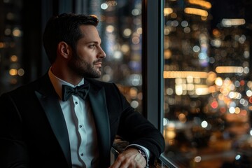 A man in a tuxedo looks out a window at a city night scene.