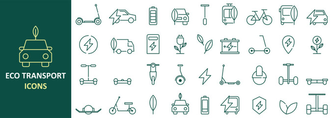 Set of linear eco-friendly transport icons. Includes electric car, bicycle, scooter, hybrid bus, charging station and more.