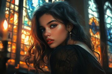 Mysterious Woman in Stained Glass Glow