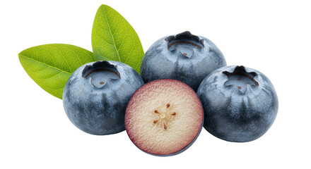 Obraz premium Isolated Fresh Blueberries with Green Leaves and Cross Section