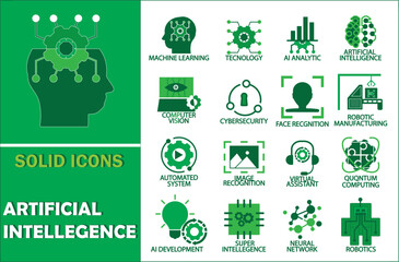 Artificial intelligence icon collection. Contains machine learning, data science, AI, virtual assistant, generative AI, technology, Turing test and more. Solid vector icon collection.