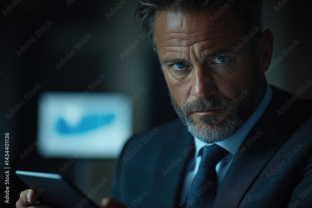 Poster a serious businessman examines data on a tablet, a graph visible in the background.