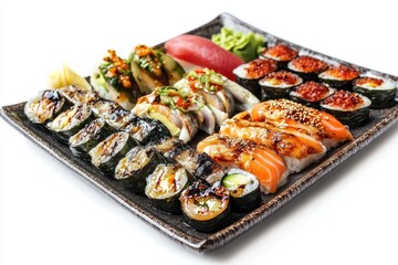 Korean cuisine featuring seafood including grilled mackerel and hairtail accompanied by fresh side dishes and sushi