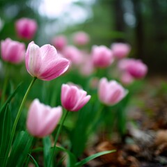 Fototapeta premium A field of pink tulips in the middle of a forest